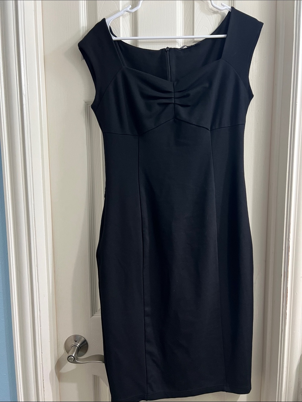 Betabrand Black Midi Sheath Dress with Cap Sleeves